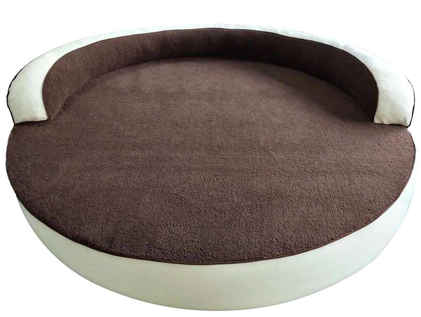 Large round dog bed with plush sherpa top and raised bolster edges in brown