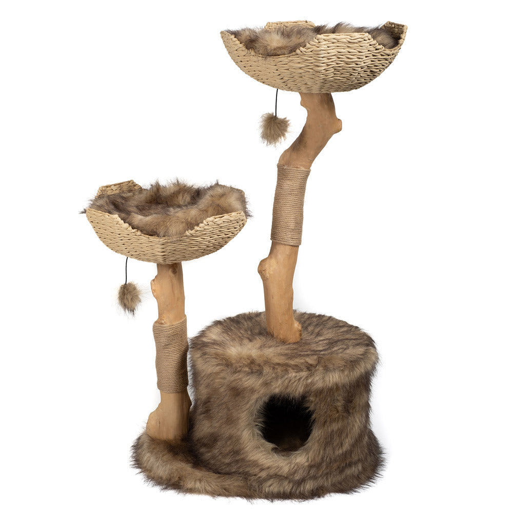 Cat tree with wicker basket perch - brown and natural large cat furniture with sisal scratching posts