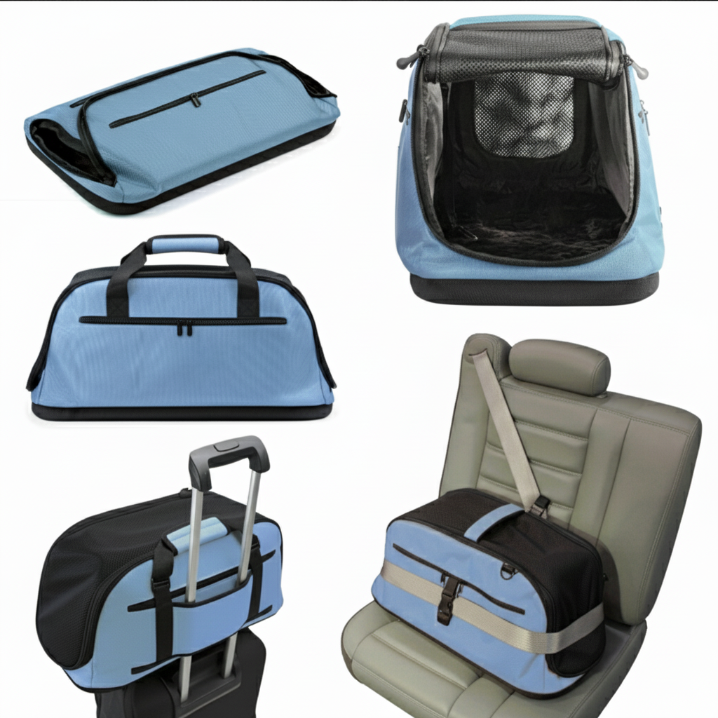 Premium pet carrier front view - soft-sided travel carrier with secure closure and mesh windows