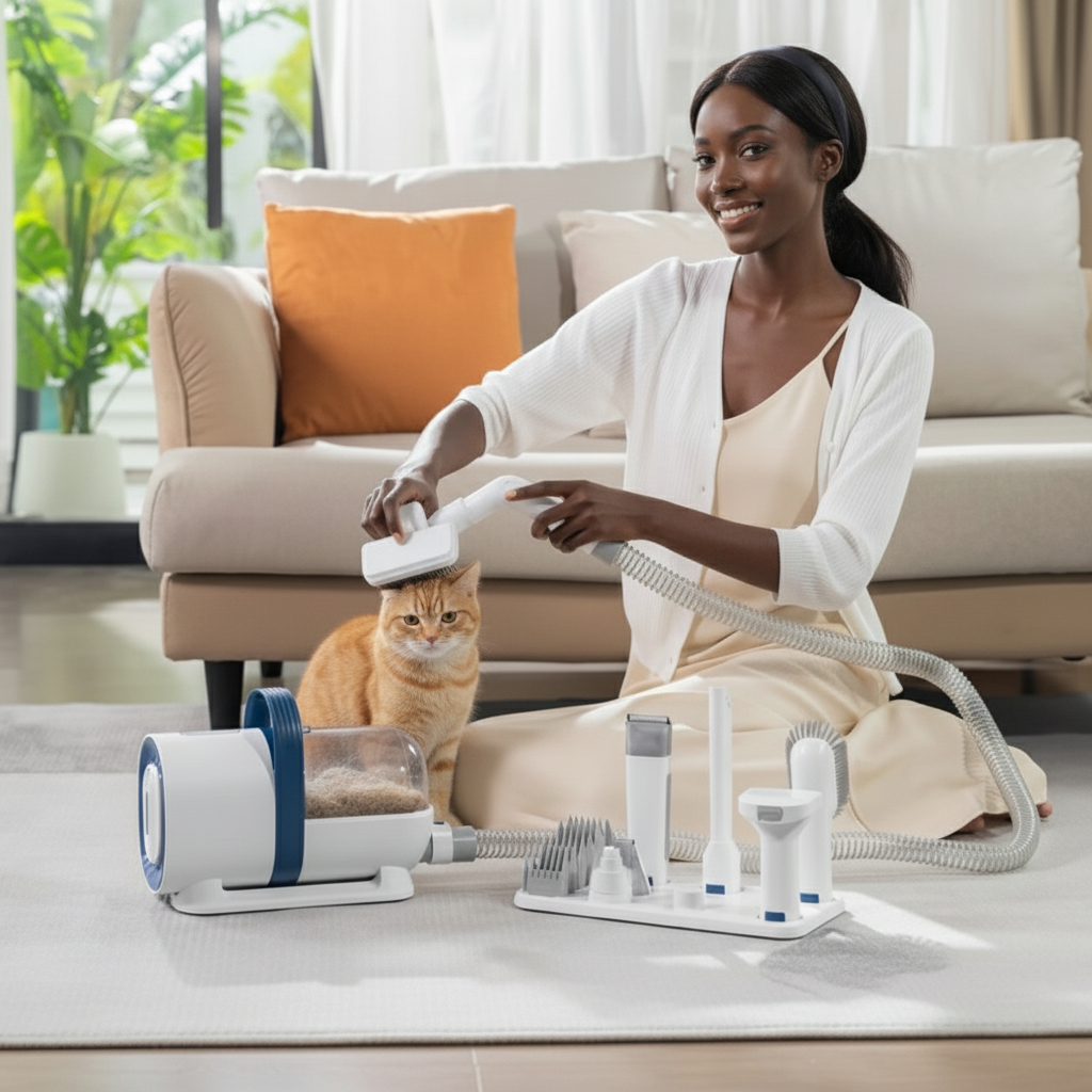 Whisper-quiet dog grooming vacuum kit with brushes and grooming tools
