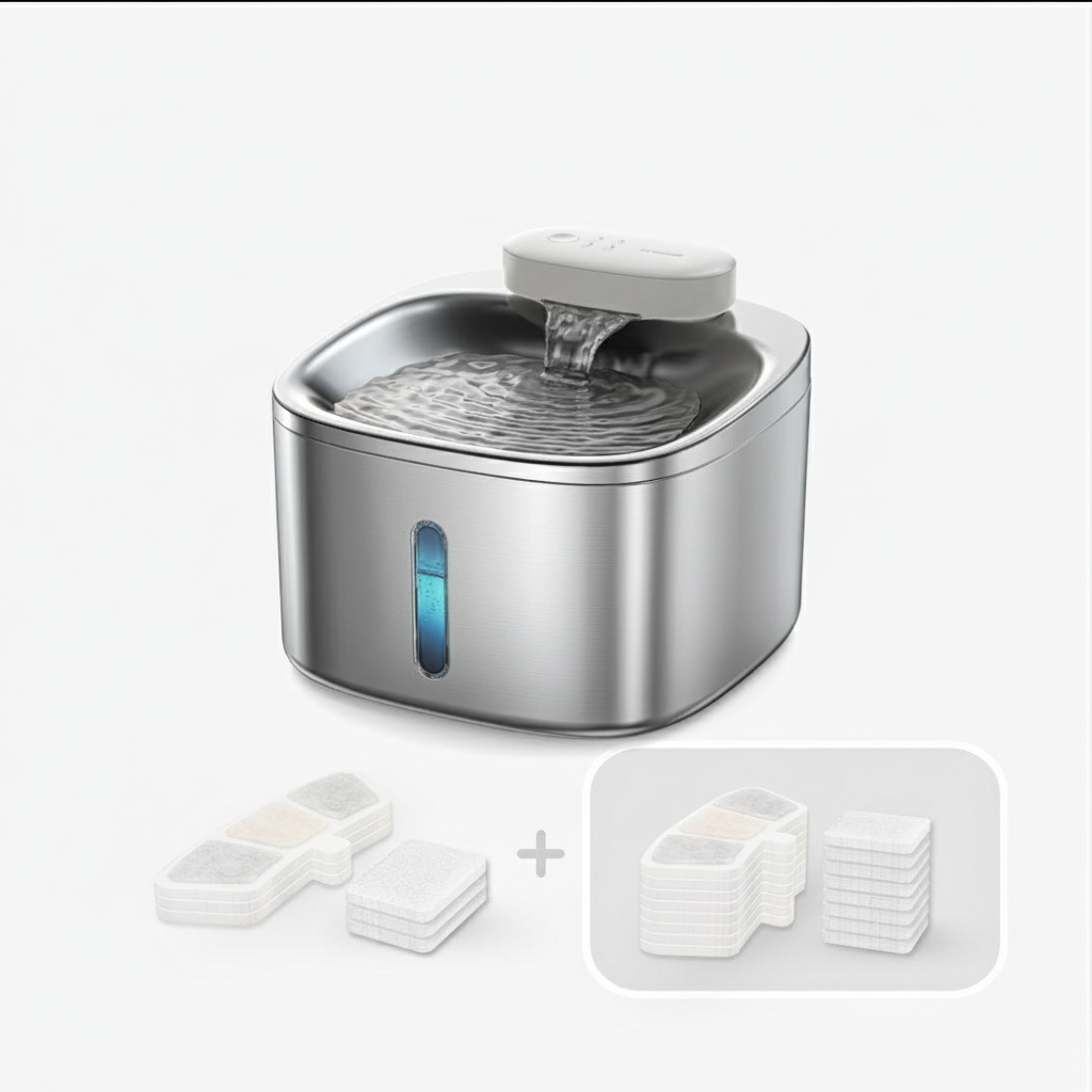 Stainless steel pet water fountain with additional filters on a white background