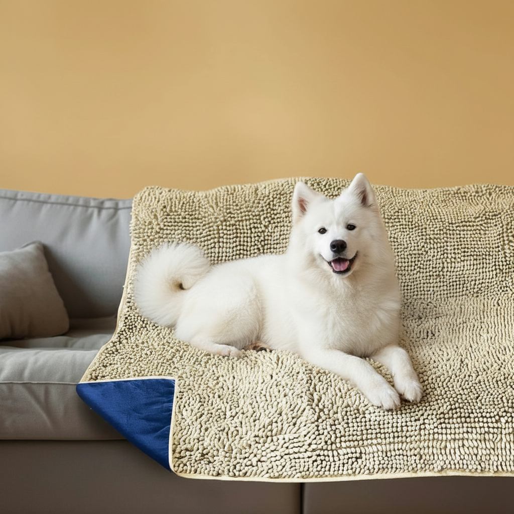 Waterproof dog blanket on couch protecting furniture from pet hair and dirt in tan