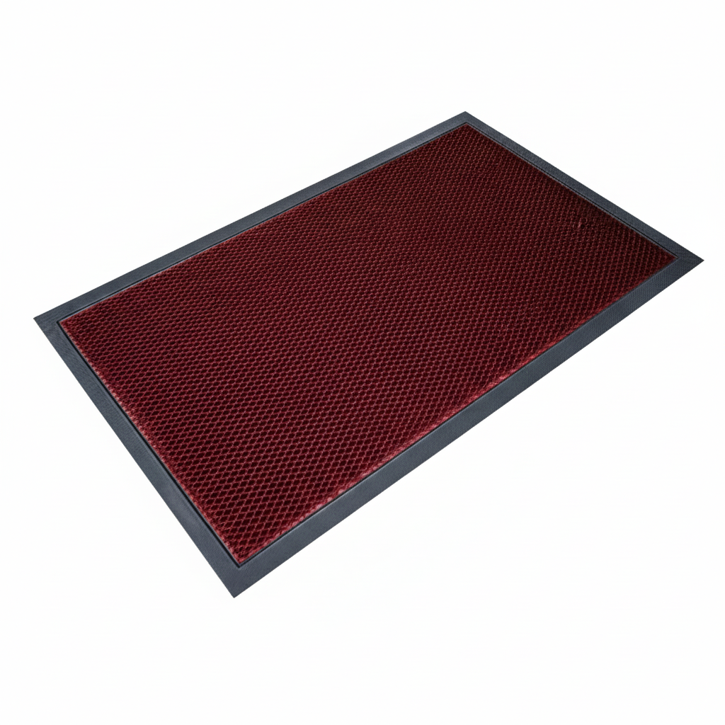 Red Heavy-duty dog mat with 3D mesh design trapping dirt and debris