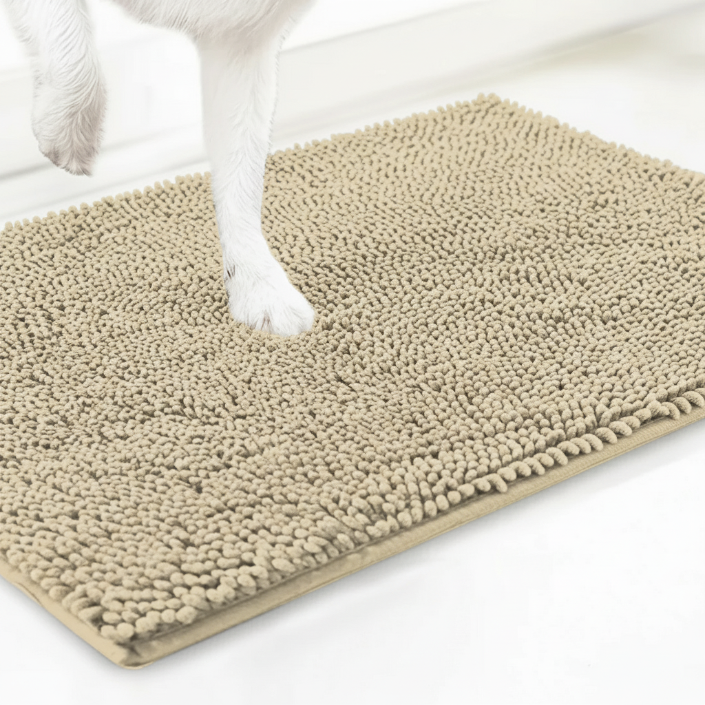 Beige super absorbent microfiber dog door mat with chenille texture for muddy paws