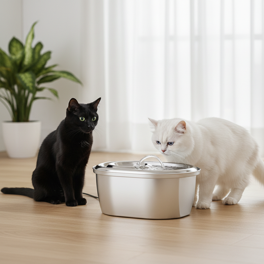 Two cats drinking out of 3L stainless steel pet water fountain with dishwasher safe design for dogs and cats