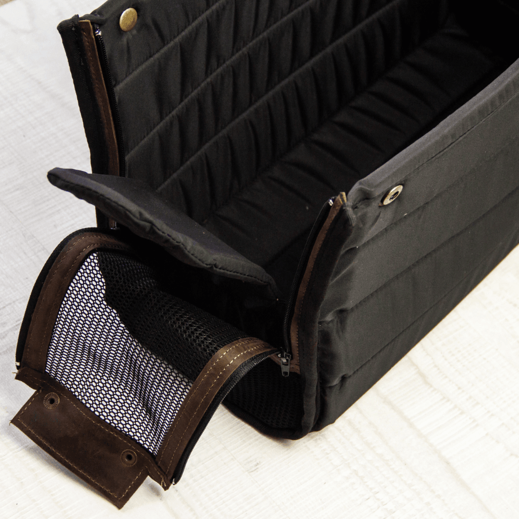 Leather pet carrier size comparison - three sizes for dogs 7-22 lbs with dimensions
