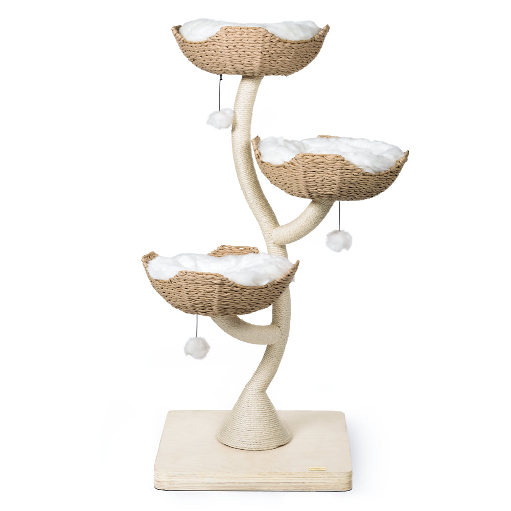 White multi-level cat tree on white background - contemporary cat furniture with sisal scratching posts
