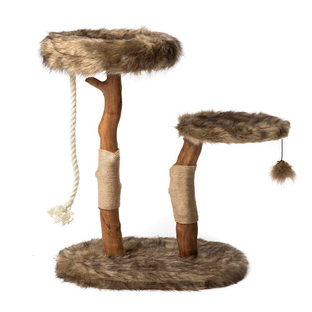 Brown cat tree furniture with sisal scratching post - modern wooden design for active cats
