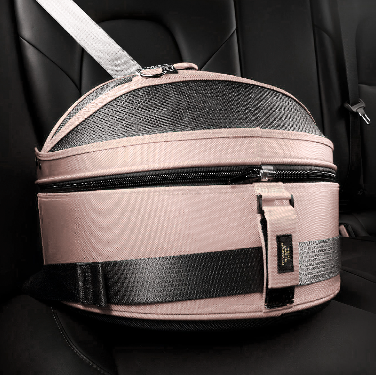 Pet travel bed side view - crash-tested car seat with mesh dome carrier attachment
