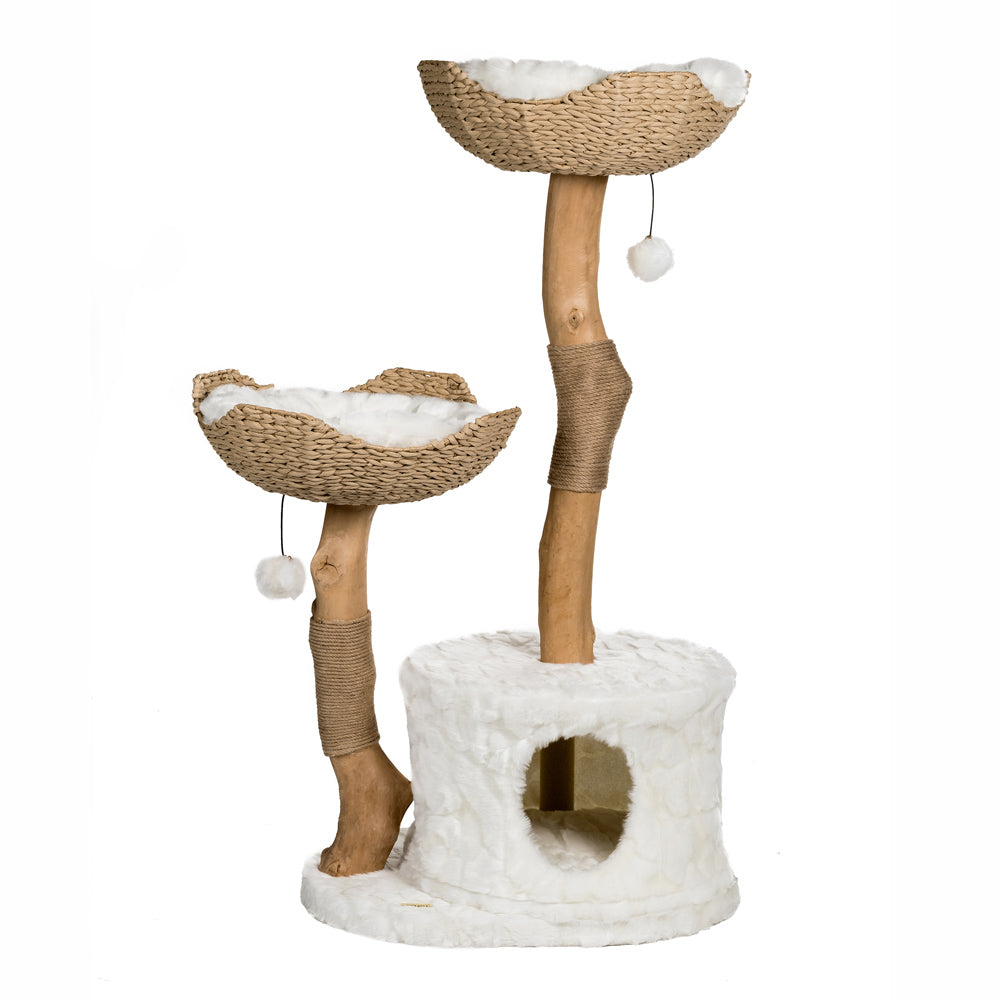Large cat tree tower with wicker basket bed - premium multi-level cat furniture for big cats on white background
