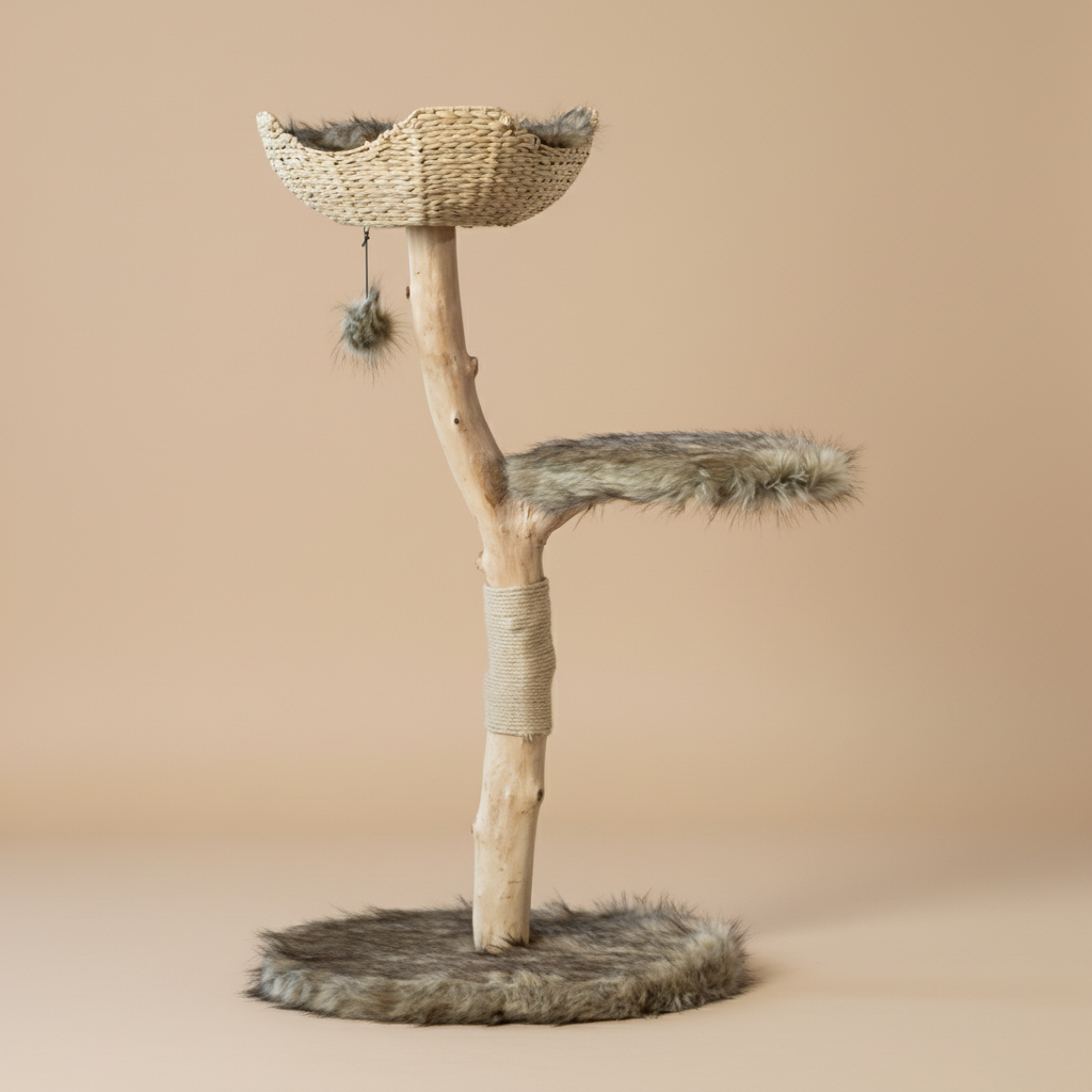 Cat tree tower with basket perch and multiple levels - sisal scratching posts and hideaway spaces
