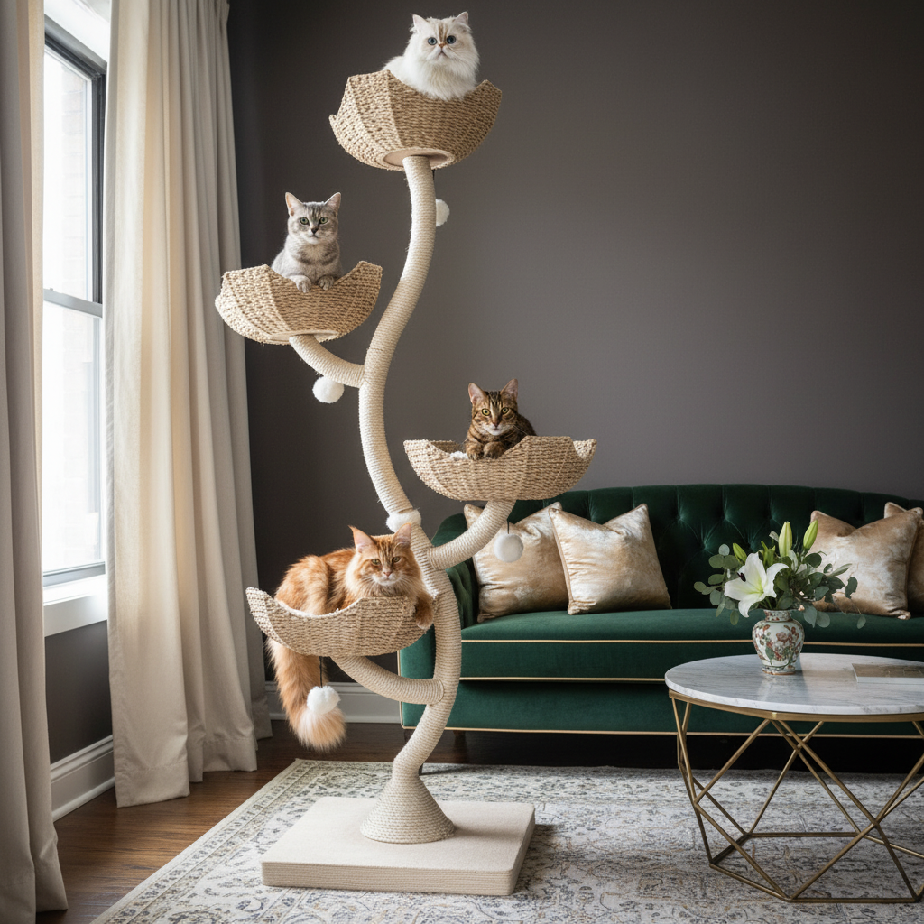 Modern white multi-level cat tree tower with multiple perches and platforms - front view
