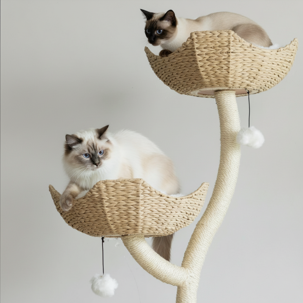 Two cats on a wicker cat tree with a plain background