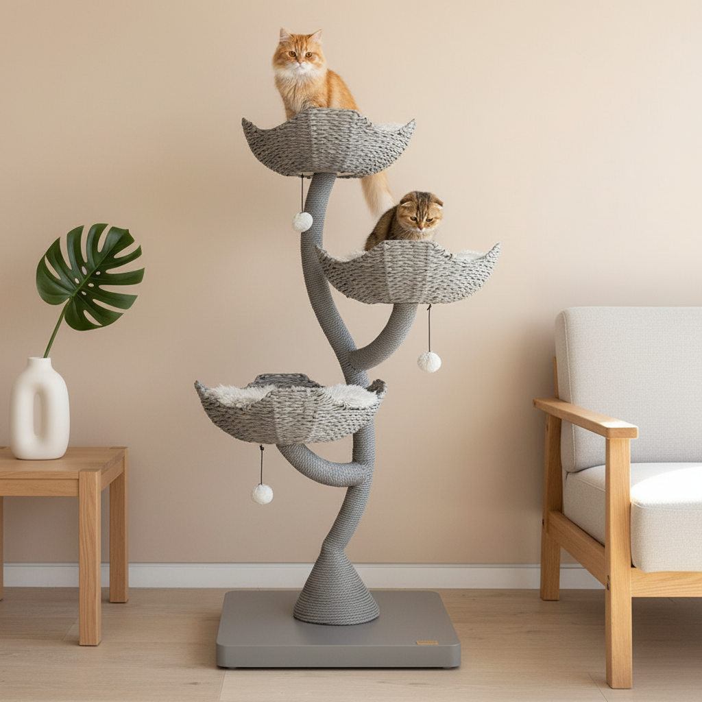 Cat tree side view showing vertical climbing levels - durable cat tower with natural sisal rope posts
