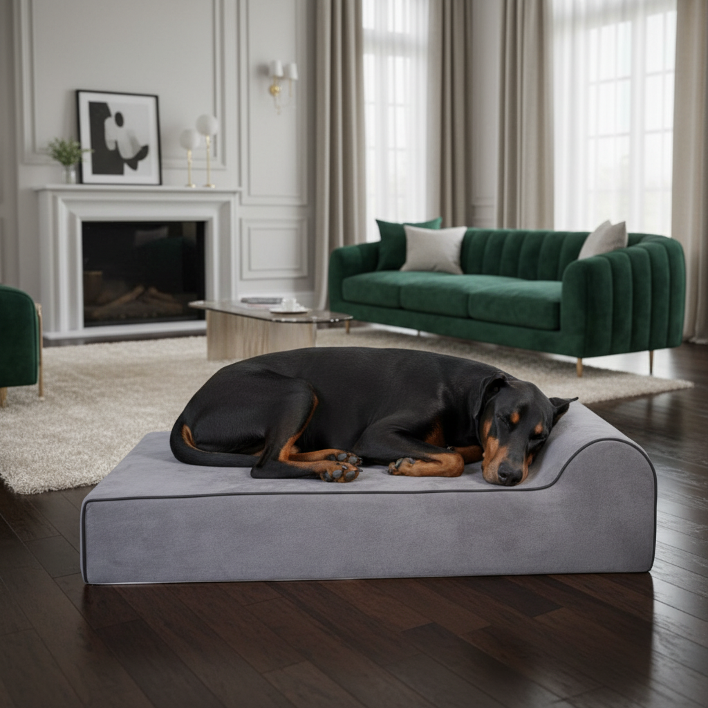 Premium supportive dog bed for large breeds - waterproof memory foam with heavy duty construction placed in a luxury apartment
