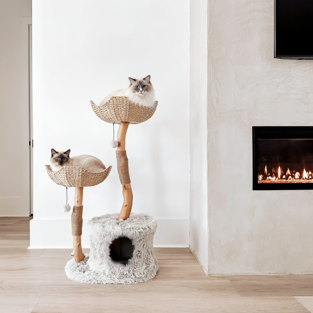 Large cat tree side view - 46 inch tall cat tower with multiple perches and scratching posts
