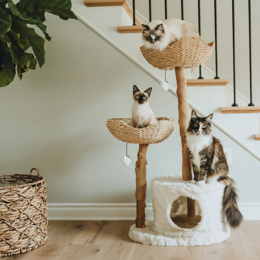 Premium cat tree detail view - heavy duty cat furniture with reinforced platforms for large breeds
