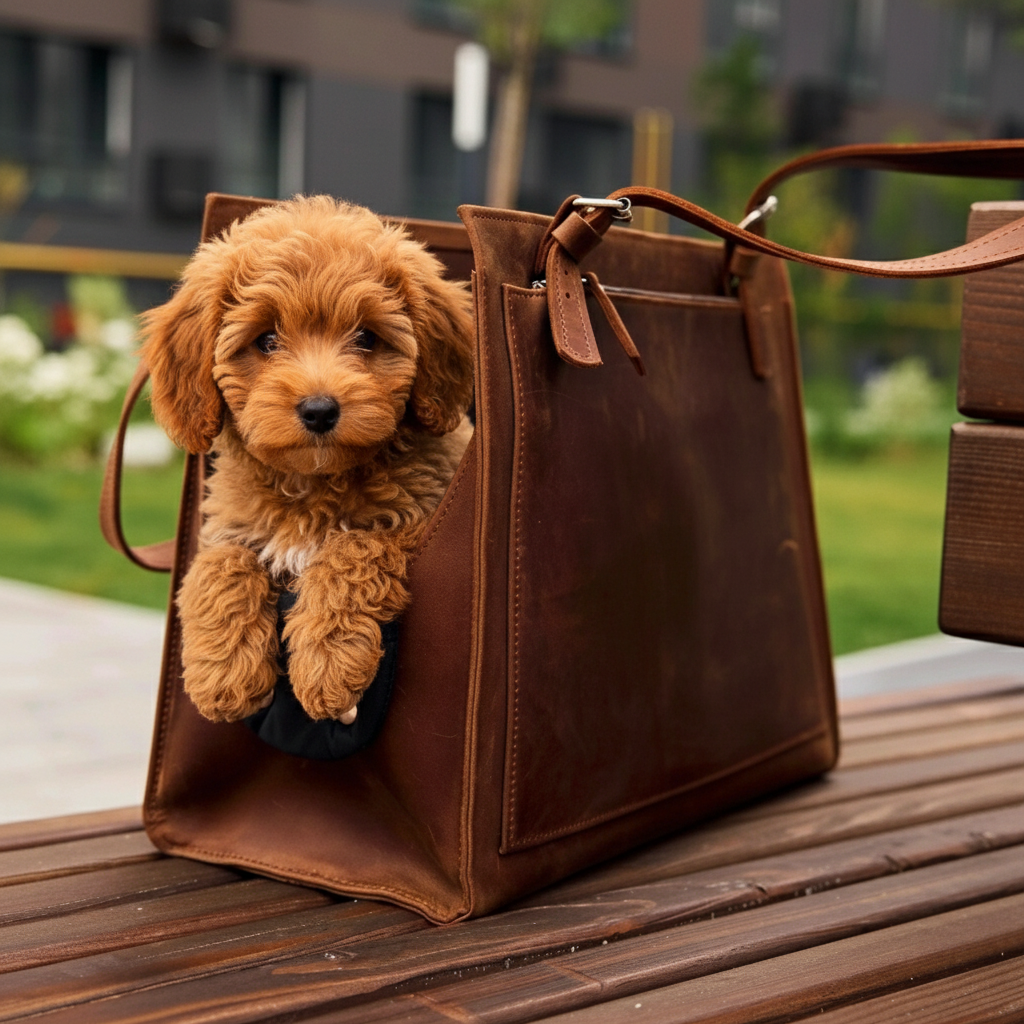 Dog in premium leather travel carrier - airline-compliant measurements for pets 7-22 lbs
