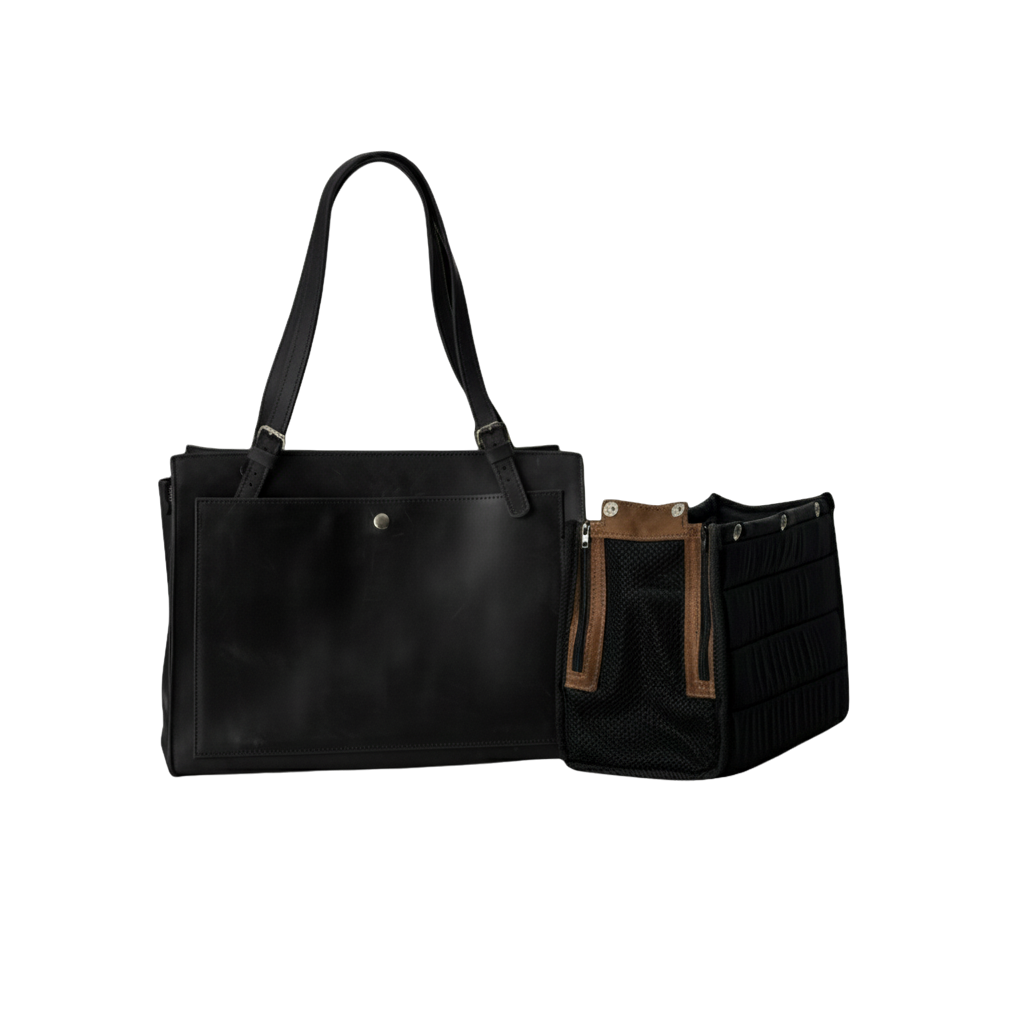 Black leather dog travel carrier - airline-compliant design with mesh ventilation
