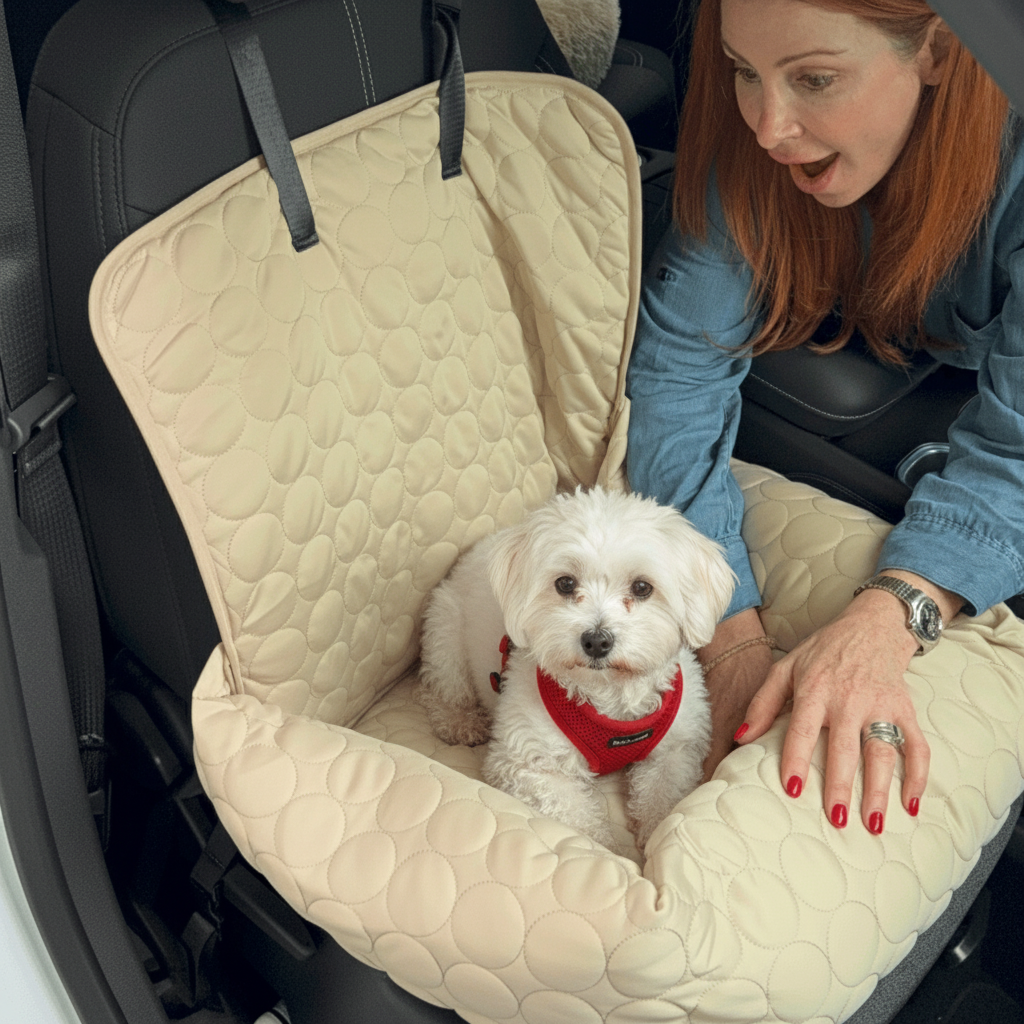 Small dog relaxing in cooling car bed with raised rim providing security during vehicle travel
