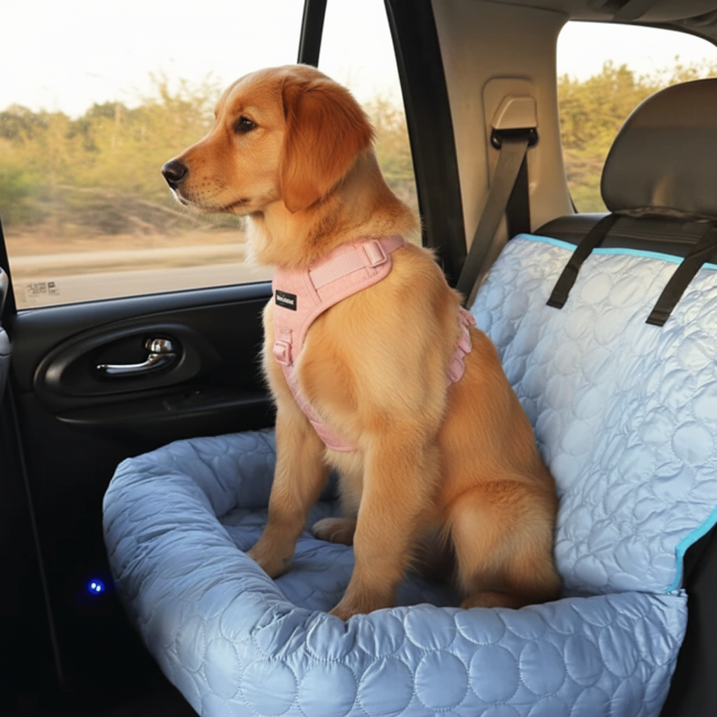 Cooling dog car bed with raised rim design in beige, showing temperature-regulating fabric for comfortable pet travel