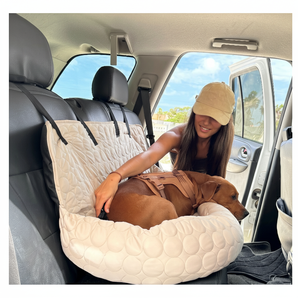 Dog car bed size comparison chart showing small, medium, and XL cooling pet car seats