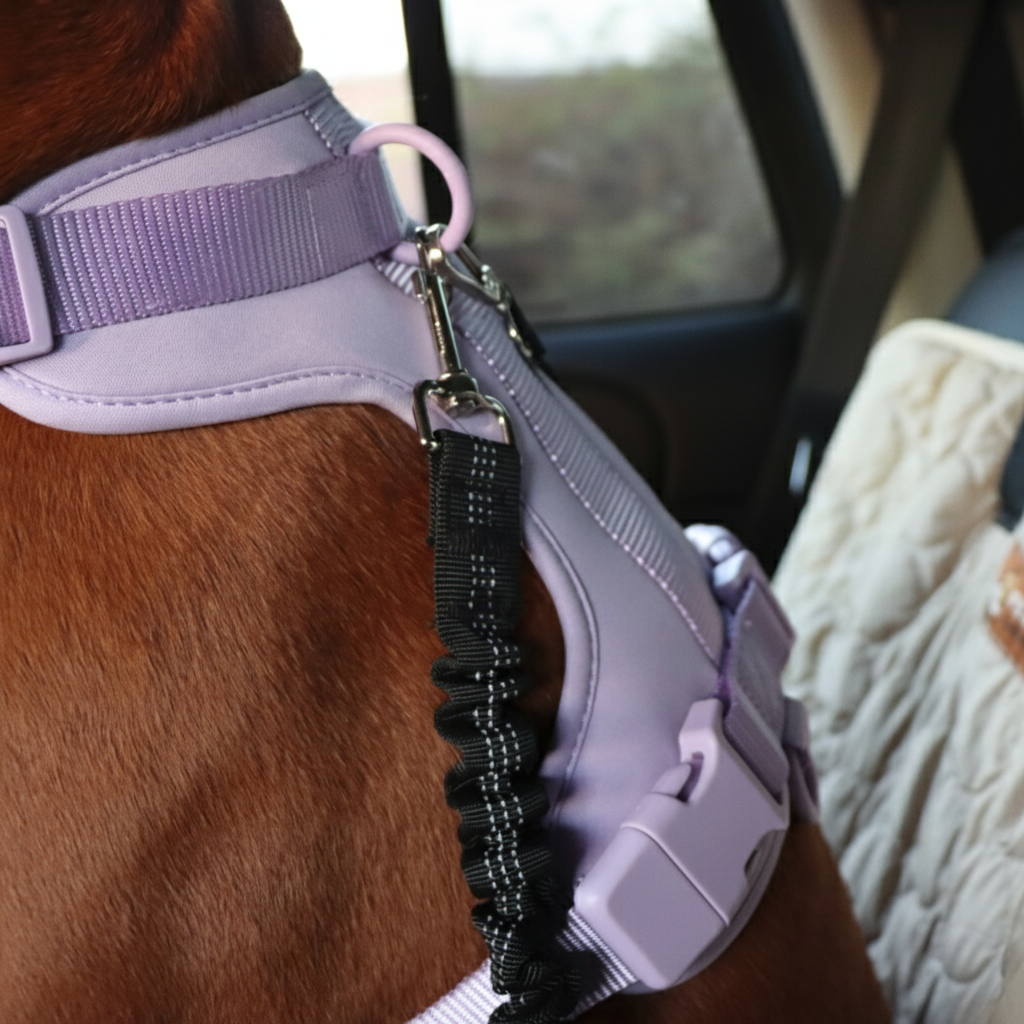 Dog enjoying cool, comfortable ride in raised rim car bed during summer travel
