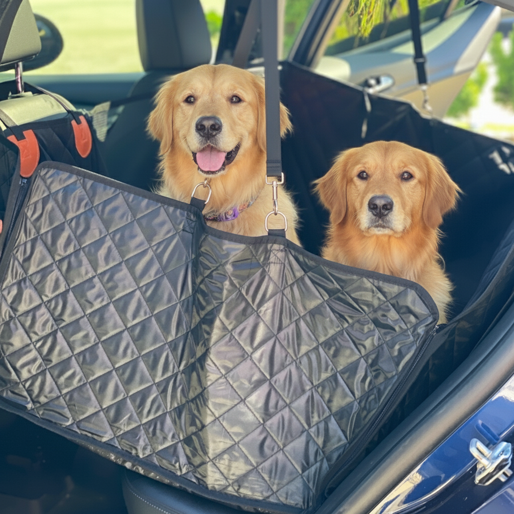Two golden retrievers sitting in a car with a black diamond-patterned car seat cover.