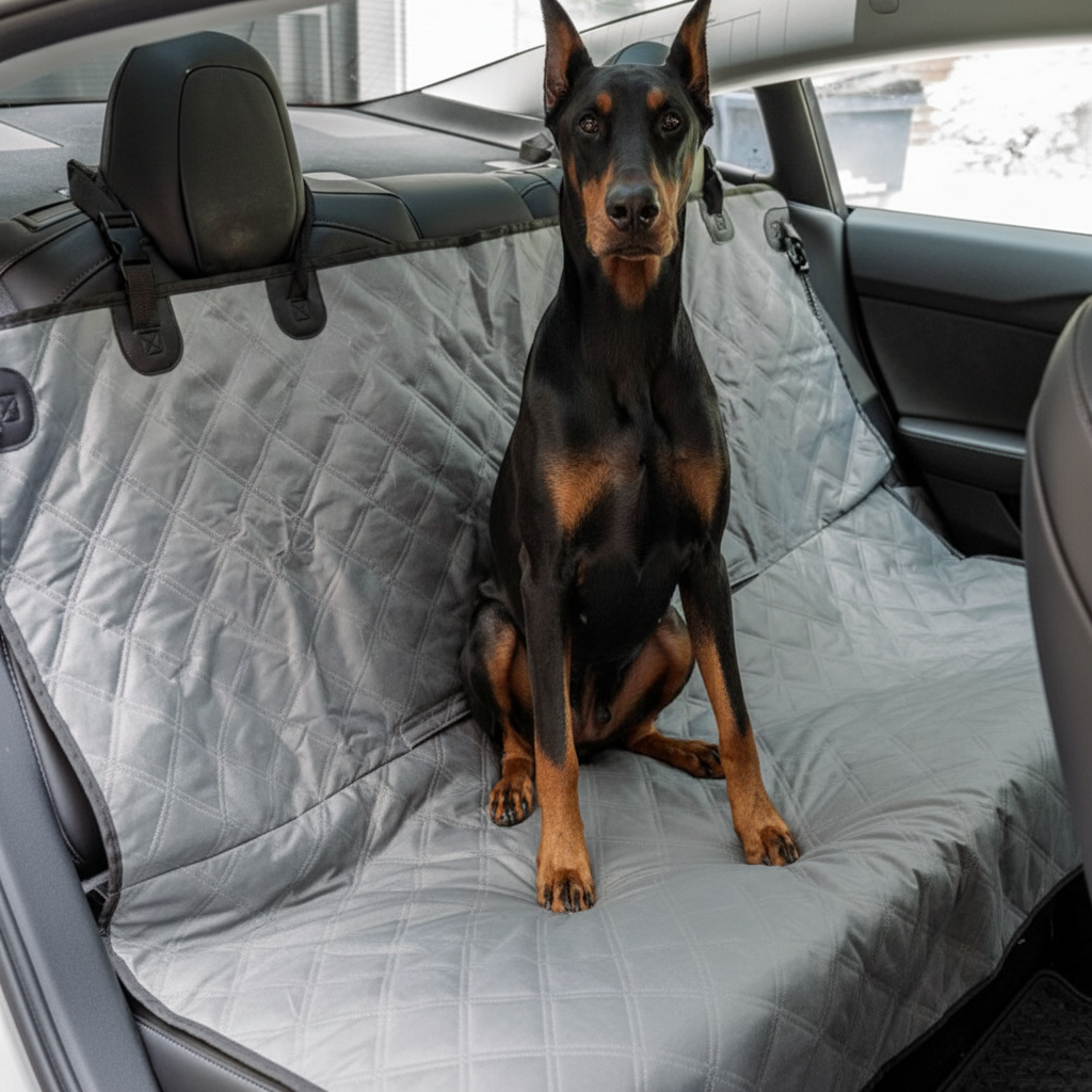 Dog sitting on a car seat cover in a vehicle