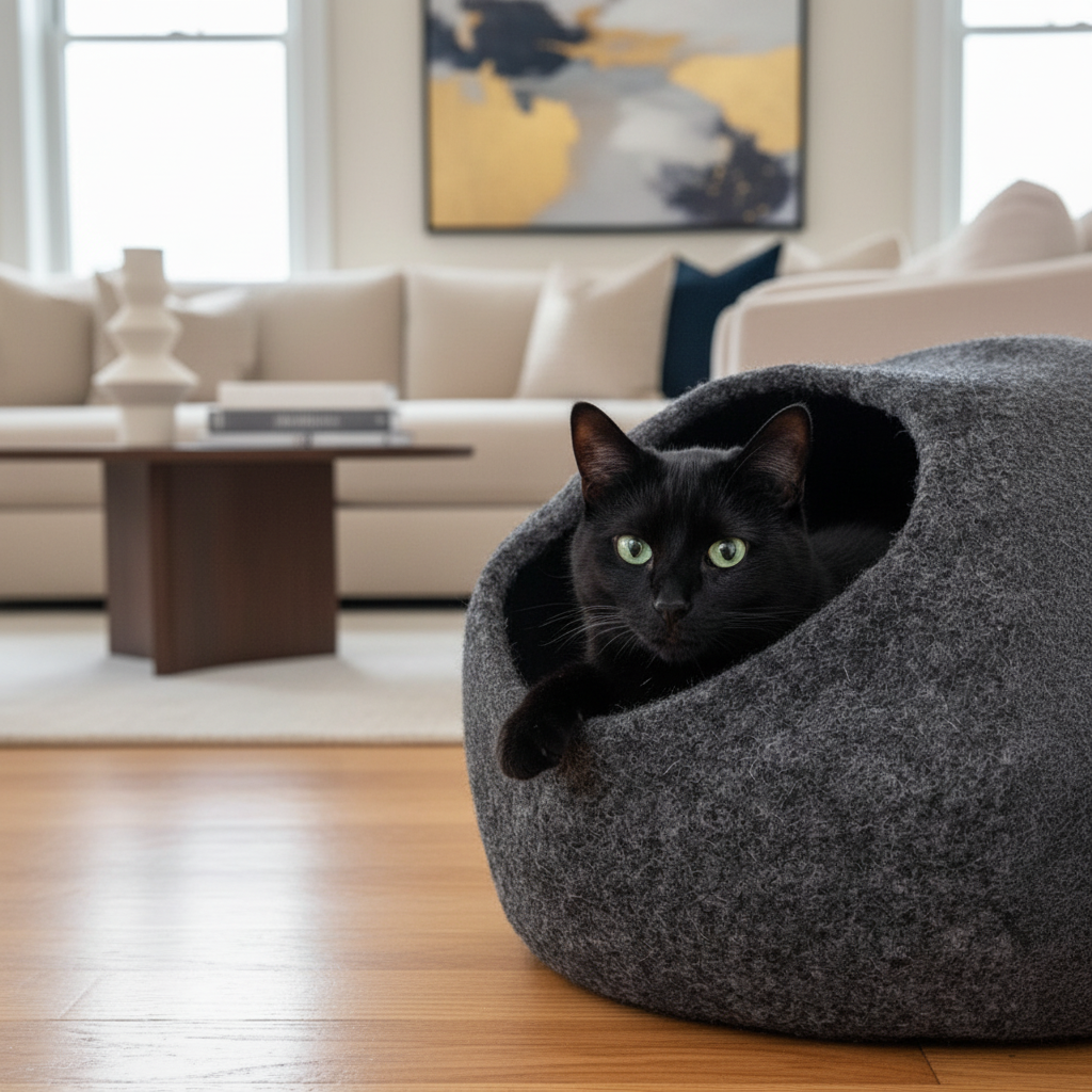 Enclosed cat bed cave - wool felt hideaway with contemporary white stripe pattern
