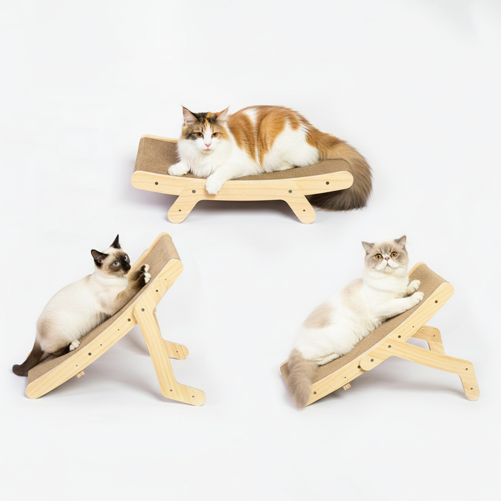 Cat using curved cardboard scratcher lounge - ergonomic design for scratching and lounging
