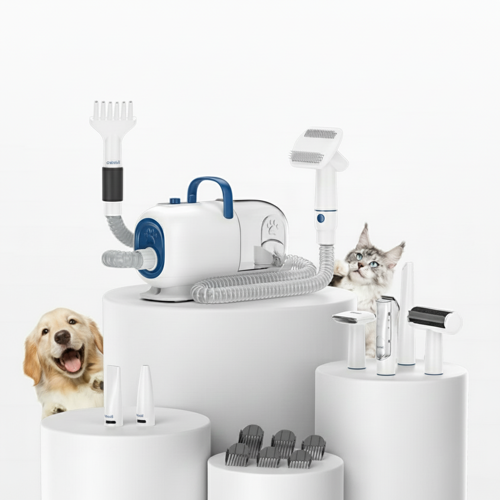 Pet grooming dryer kit with three gentle nozzles for fast drying
