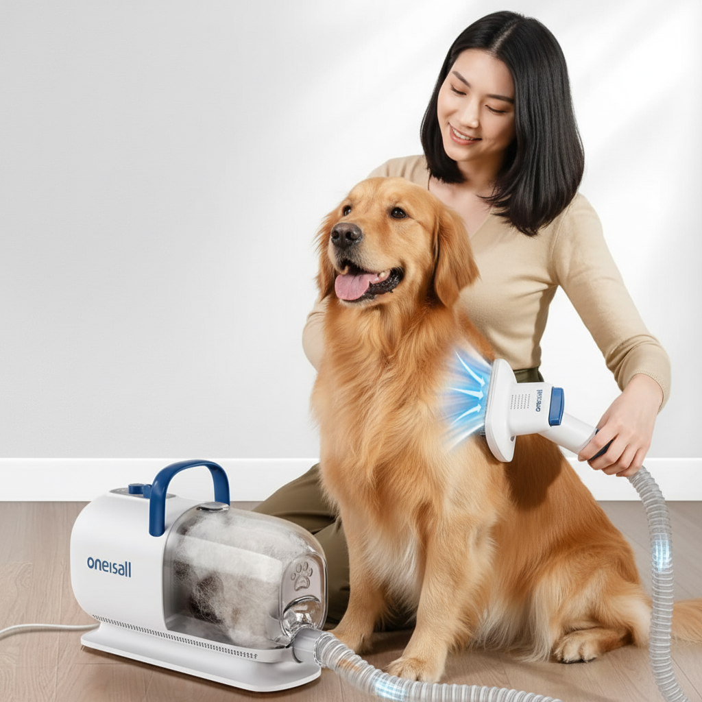 Complete pet grooming system with vacuum dryer and clipper attachments
