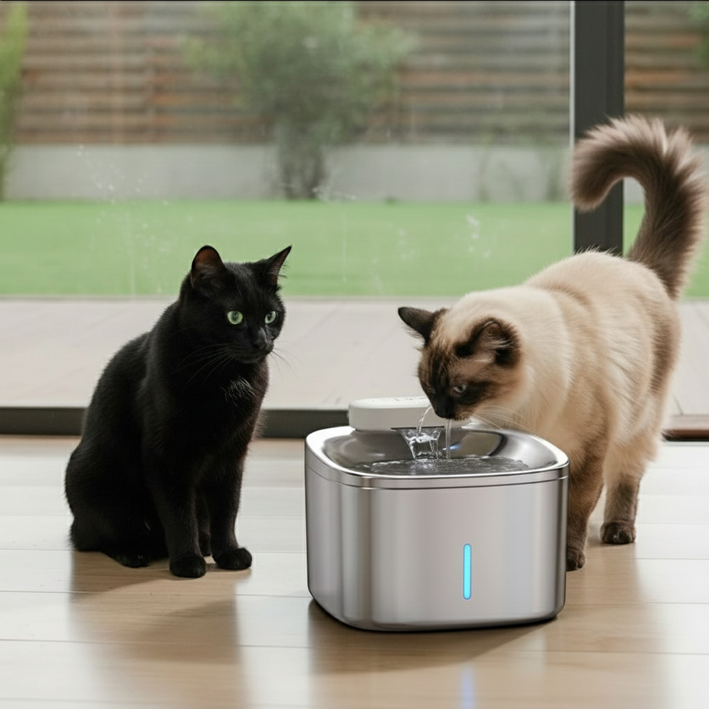 Two cats, one black and one beige, interacting with a pet water fountain indoors.