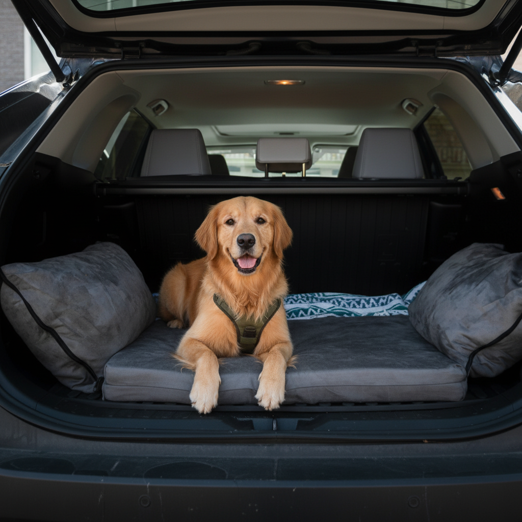 SUV cargo dog bed in charcoal gray with pillow wings and waterproof cover
