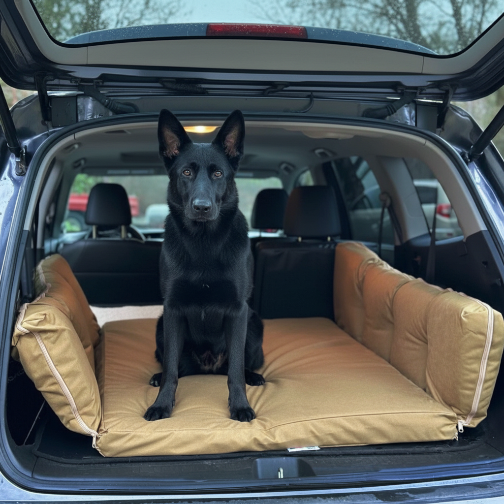 Black Dog Laying in an Extra large khaki SUV cargo dog bed with machine-washable cover
