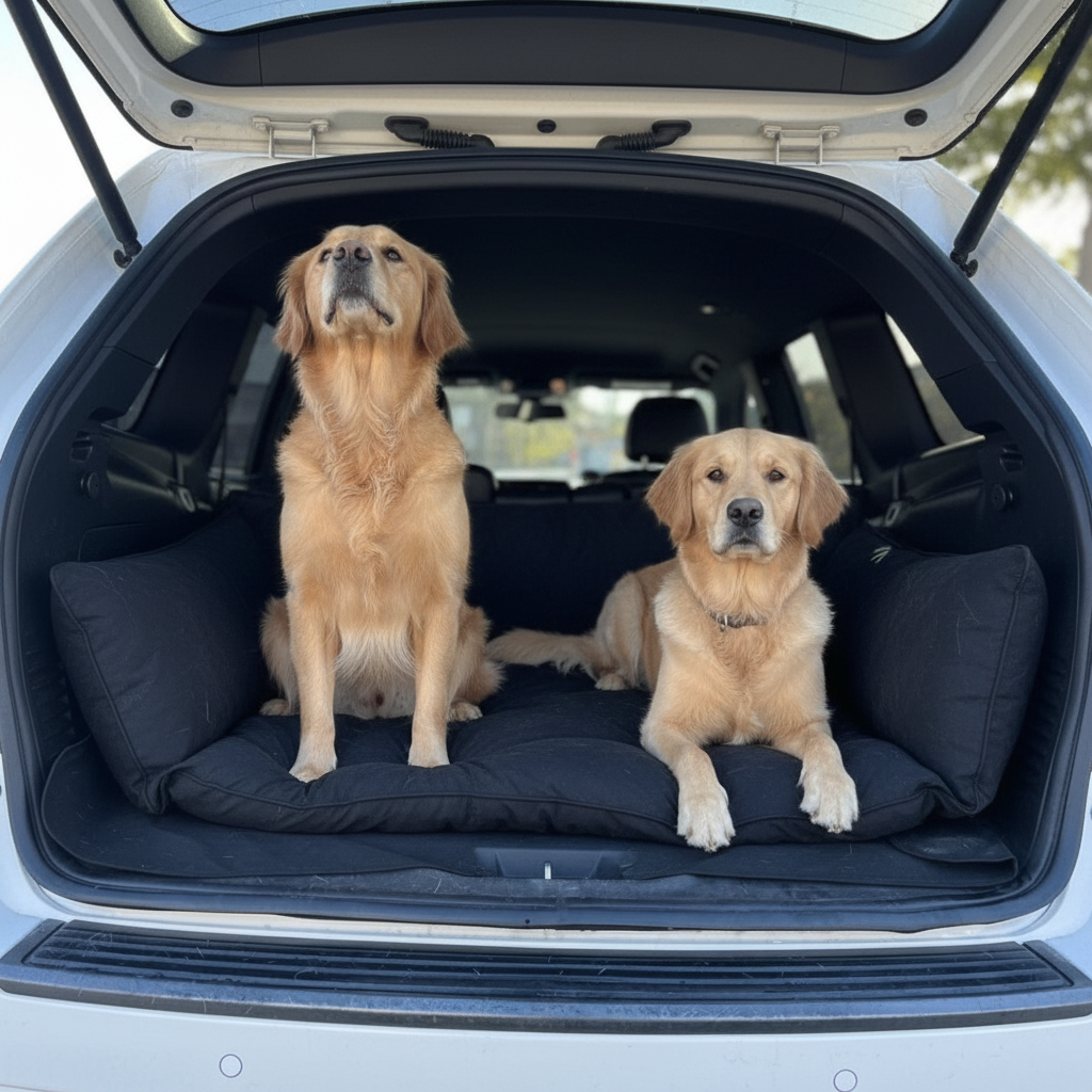 Two Golden Retrievers on large waterproof SUV dog bed with side bolsters
