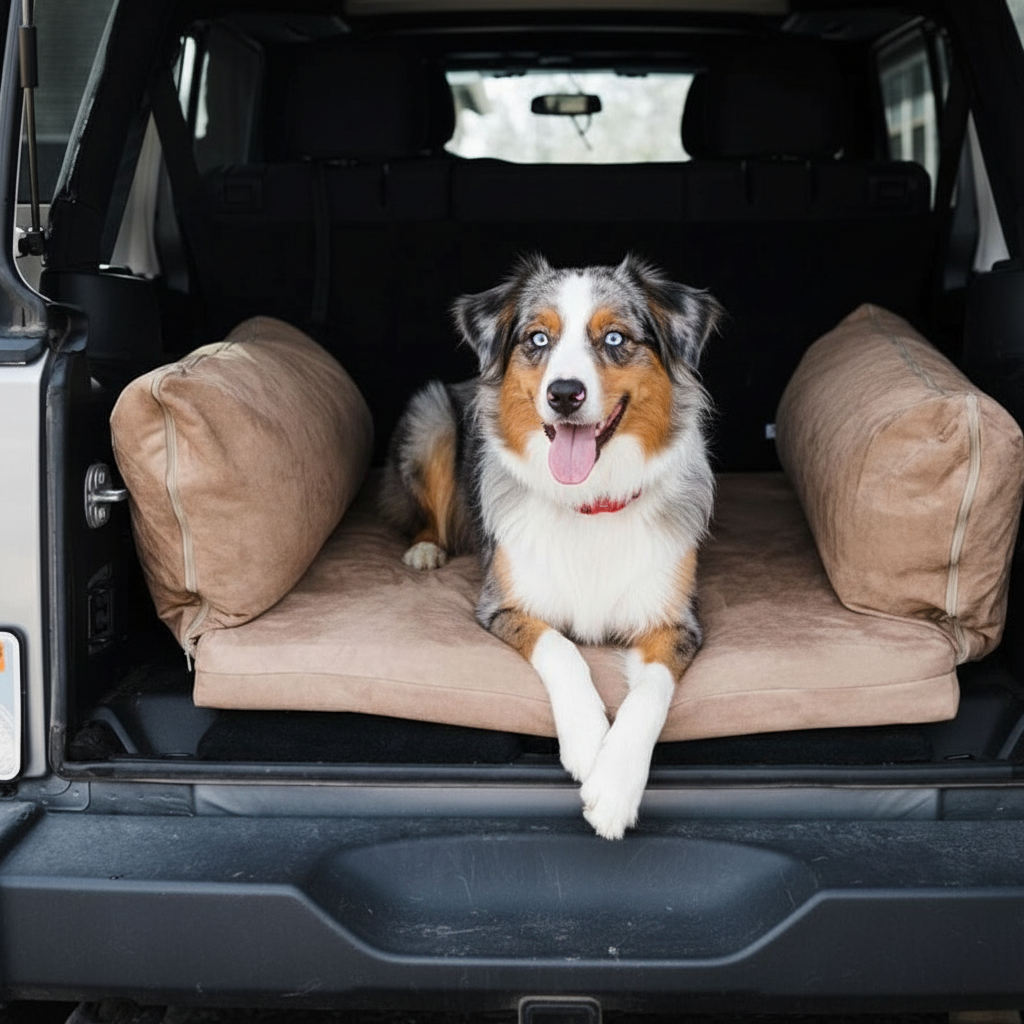 Large dog resting on khaki SUV cargo bed with foam cushioning for travel comfort
