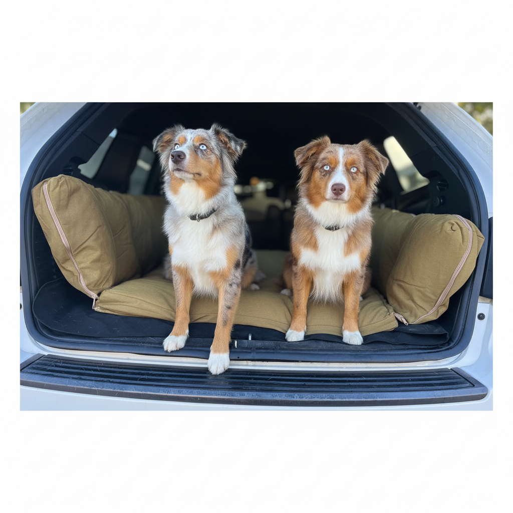 Two dogs sitting on a pet bed in the back of a car.