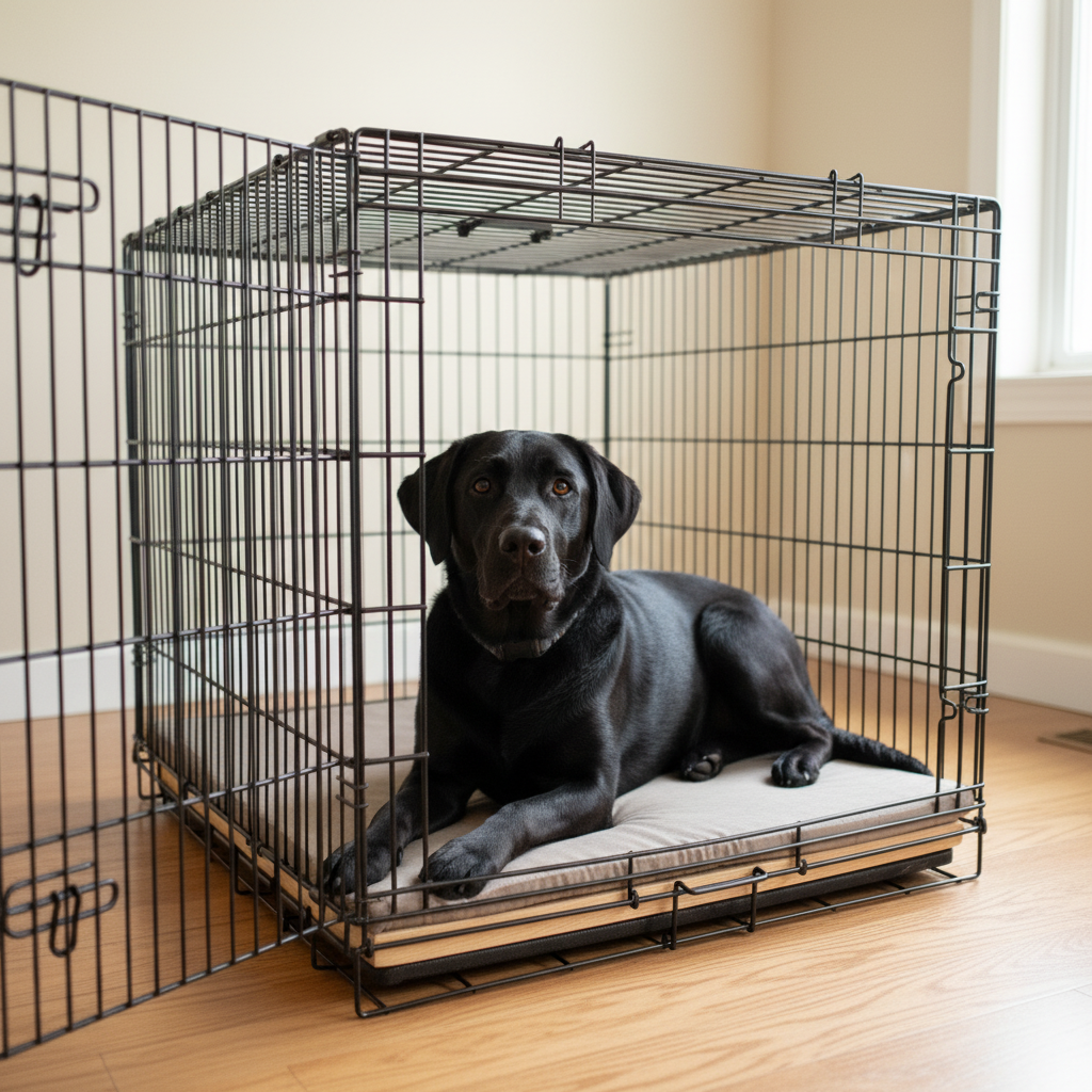 Chew proof dog crate pad with waterproof protection - durable gray pad for crate training with black dog resting in the crate
