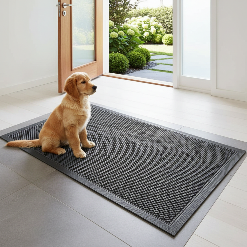 Close-up of 3D mesh texture on weatherproof dog mat showing dirt-trapping design

