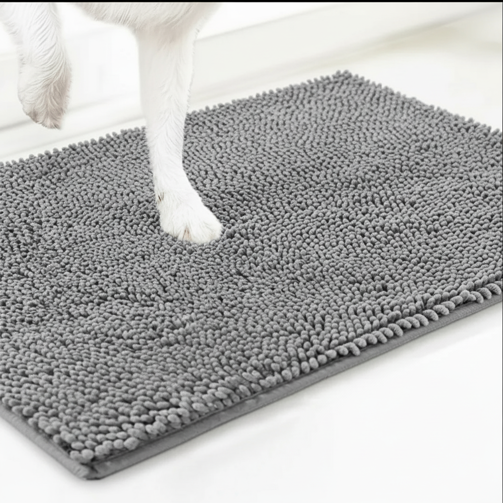 Grey super absorbent microfiber dog door mat with chenille texture for muddy paws