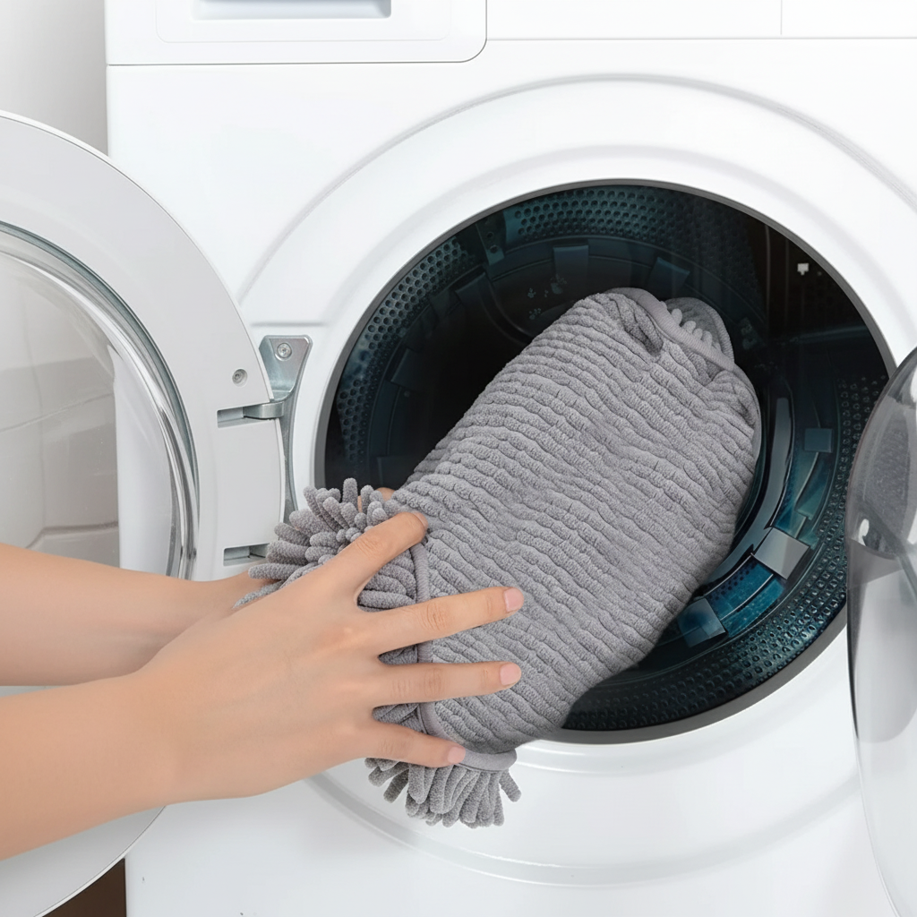 Microfiber dog towel being washed in washing machine - easy care and reusable