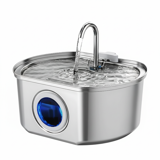 Stainless steel pet water fountain with water flowing on a white background