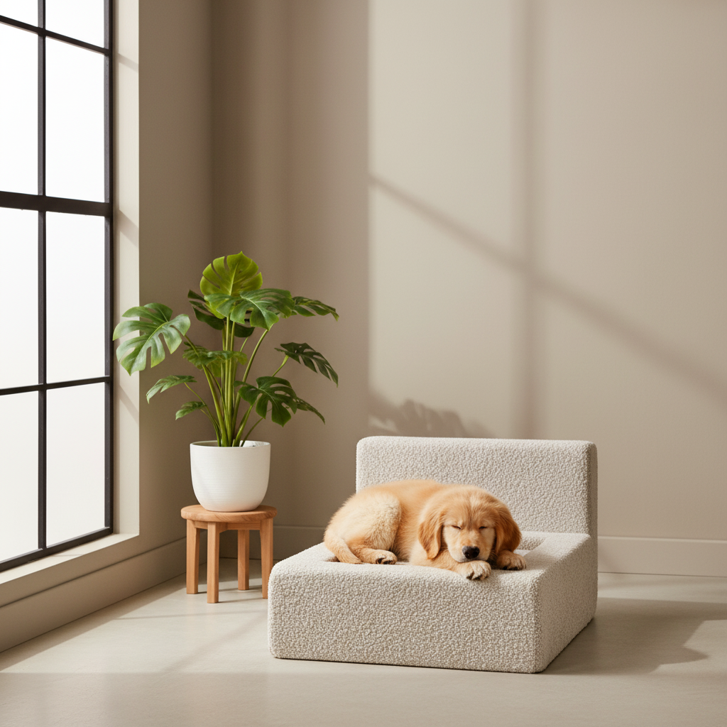 Dog resting on a small, beige bolster pet bed in a bright room with a plant and window.