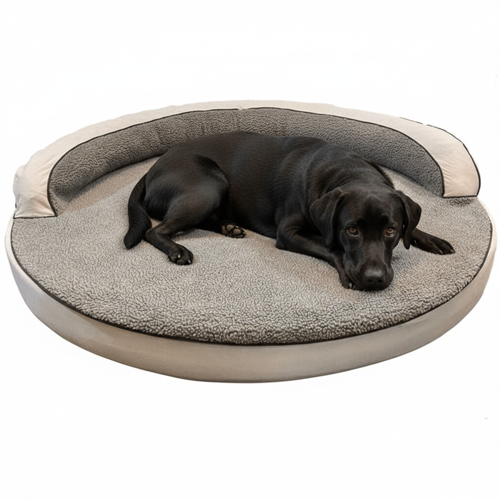 Large round dog bed with plush sherpa top and raised bolster edges in gray - comfort for dogs
