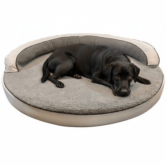 Large round dog bed with plush sherpa top and raised bolster edges in gray - comfort for dogs
