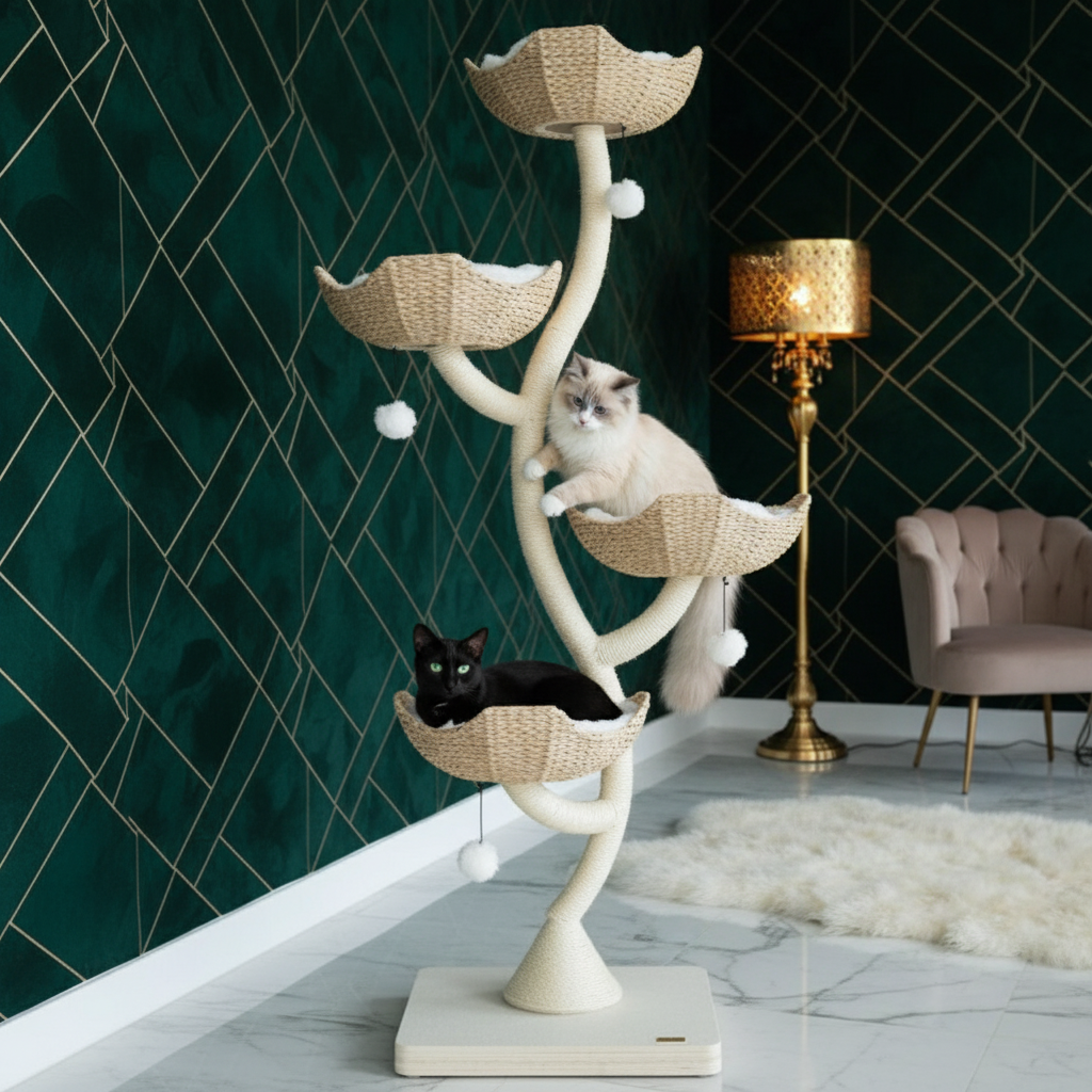 Multi-level cat climbing tower with white finish - alternate side view
