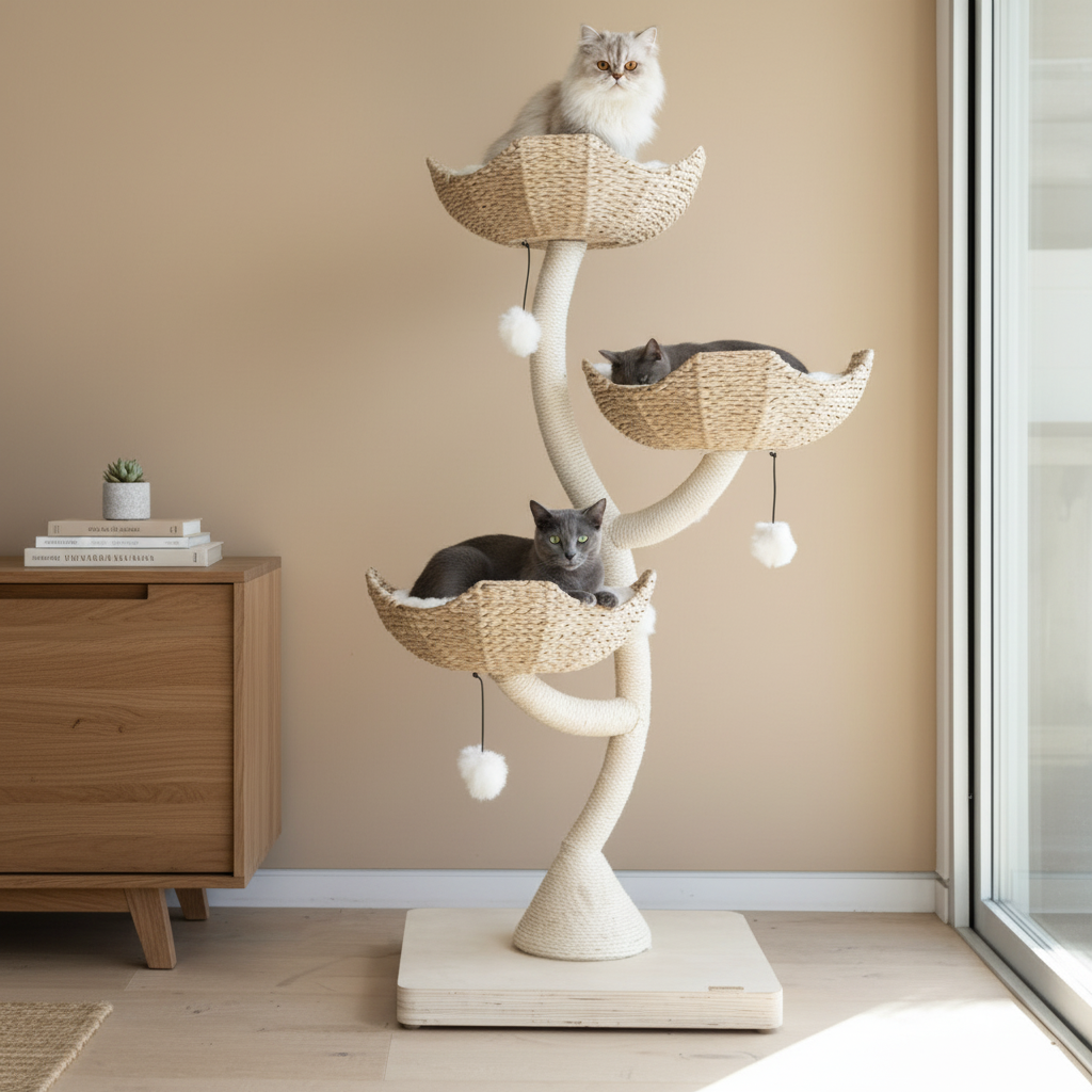 Modern white cat tree with multiple levels and scratching posts - premium cat tower for large cats
