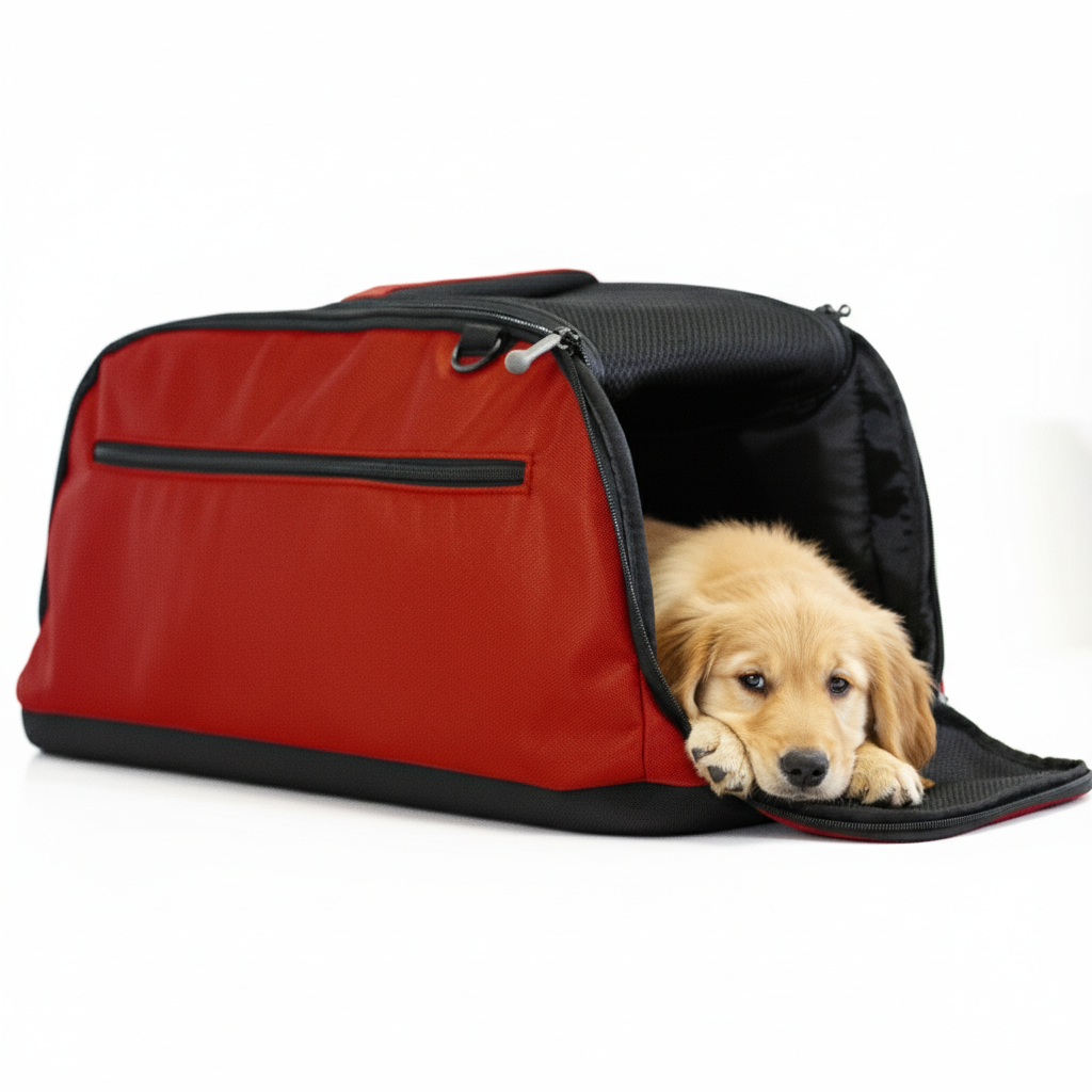 Soft-sided pet carrier top view - compact 22x10.5 inch travel carrier with shoulder strap
